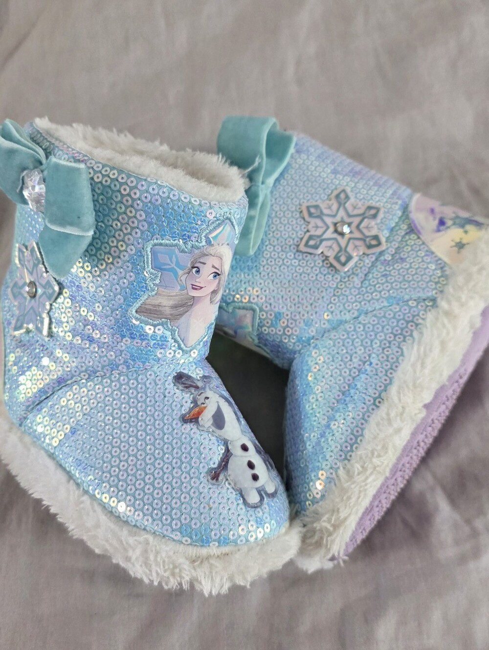 Disney Toddler Girls Frozen Elsa Snowman Sequin Winter Boots Slippers Size 7-8